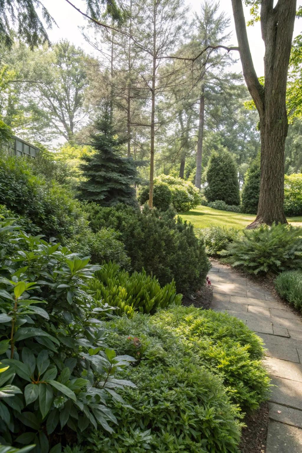 A shady garden recess brightened by prospering evergreen plants.