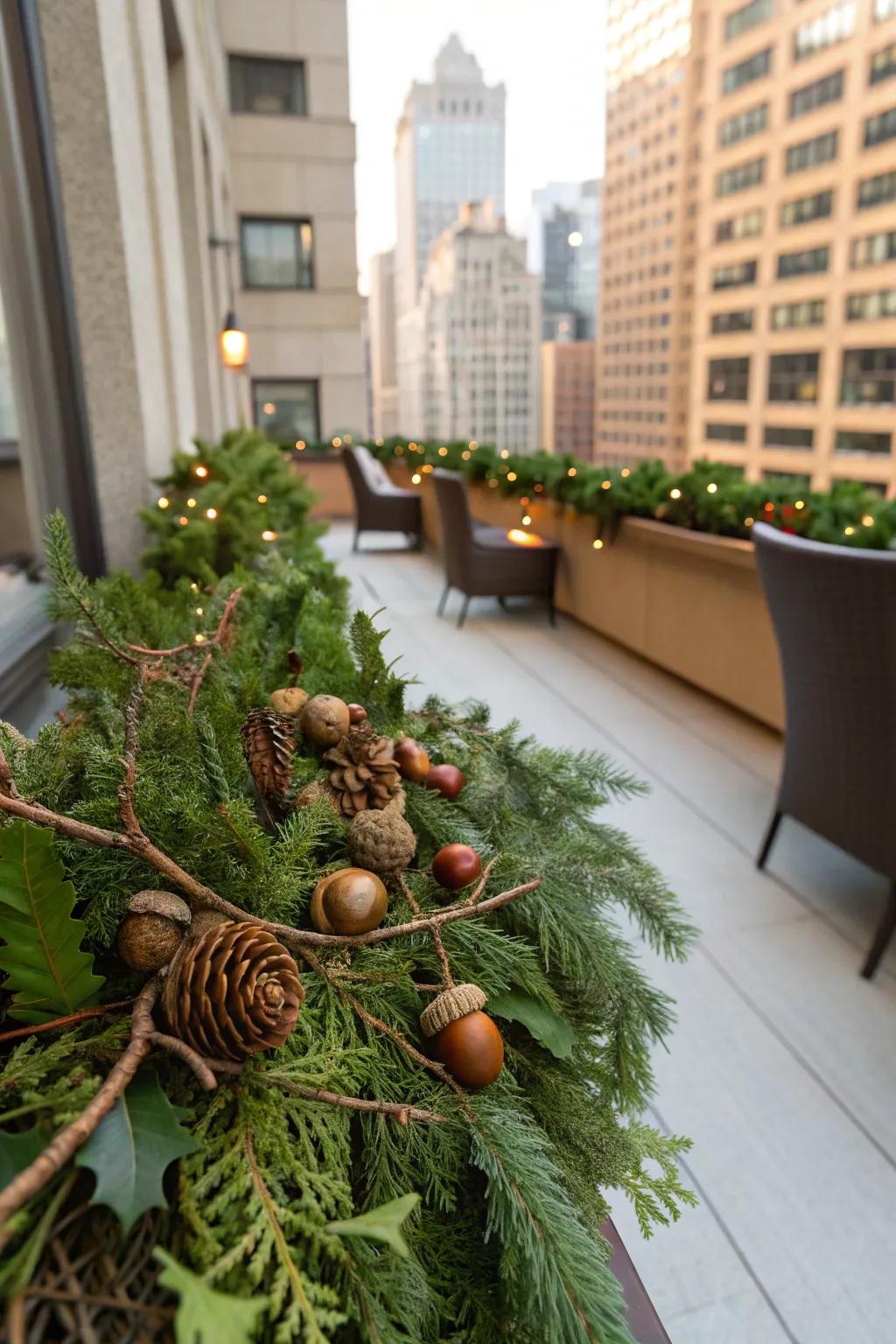 A nature-inspired cascade with acorns and twigs in an apartment.
