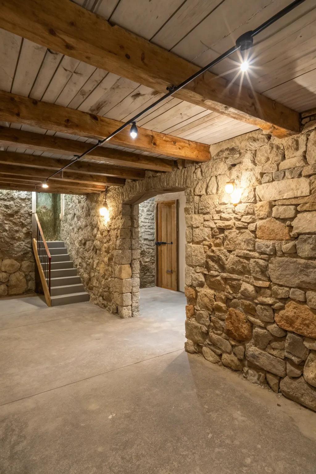 Natural stone elements bring an earthy and timeless touch to your basement.