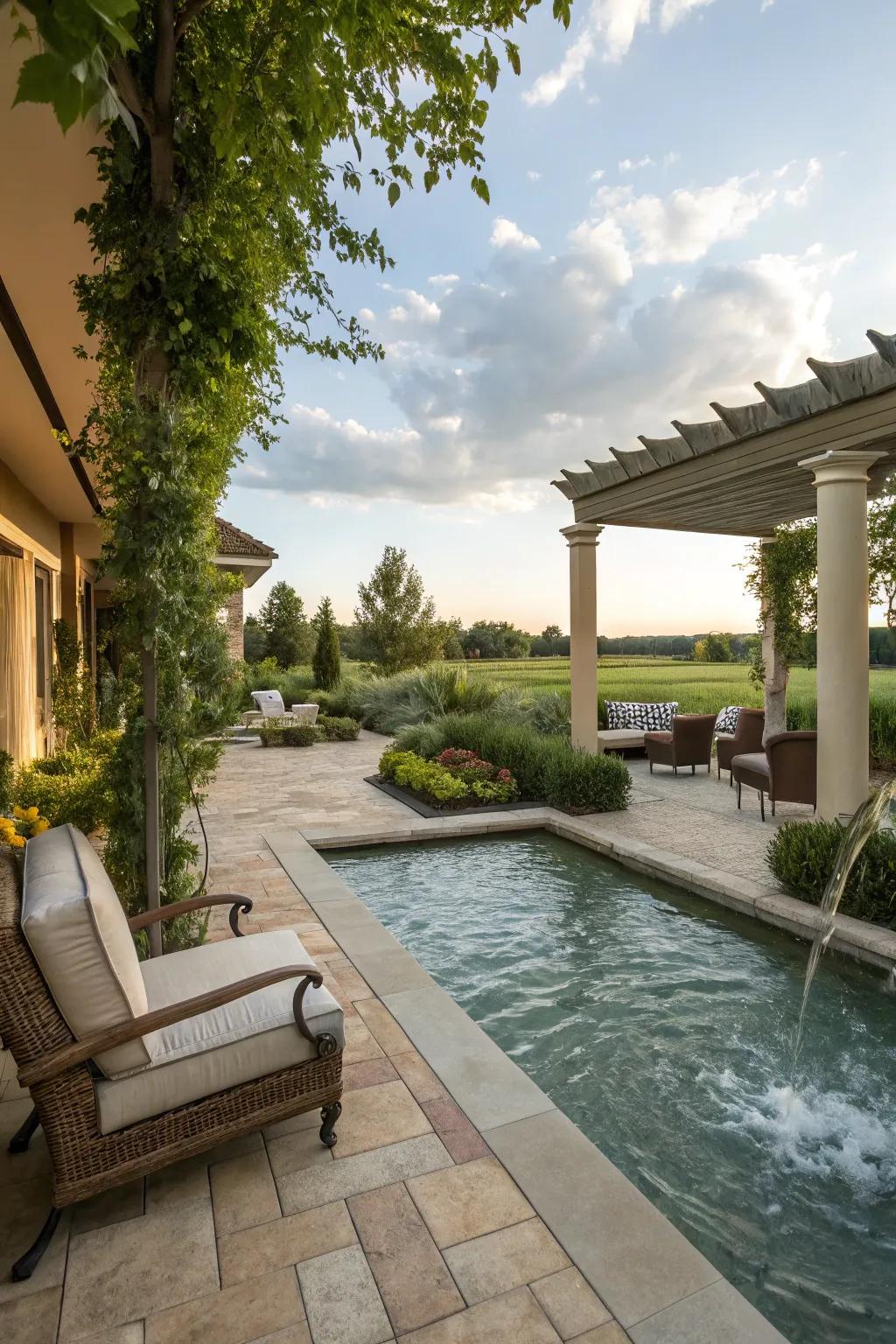 Incorporate serenity through a soothing water feature on your patio.