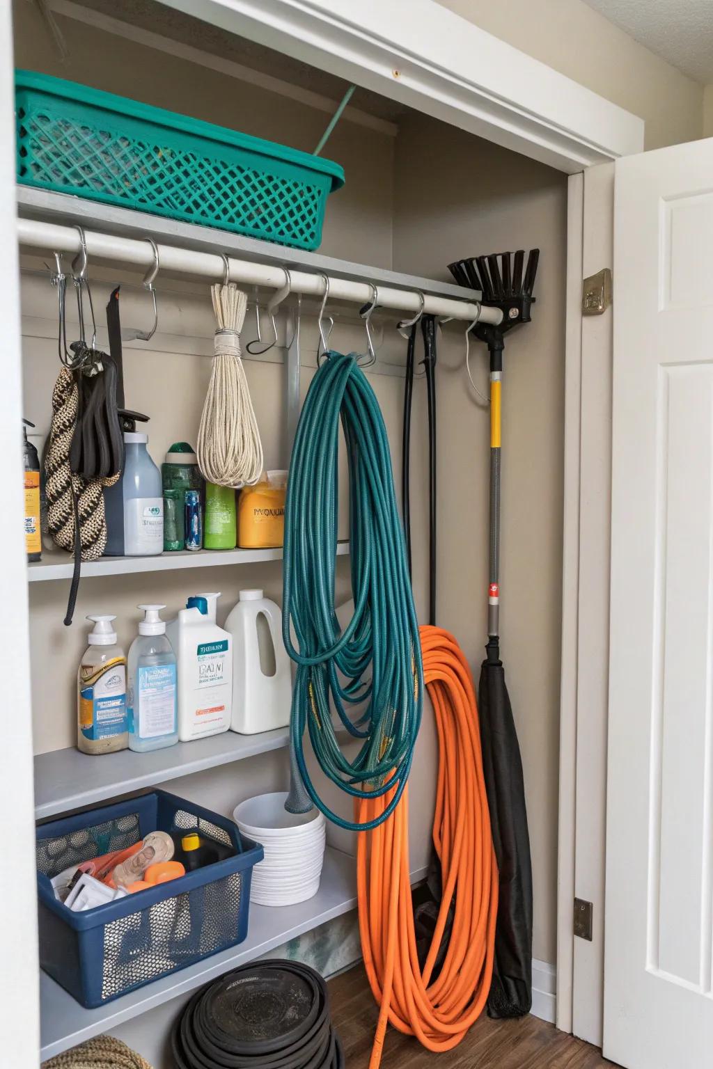 A tension rod is a space-saving solution for lead storage.