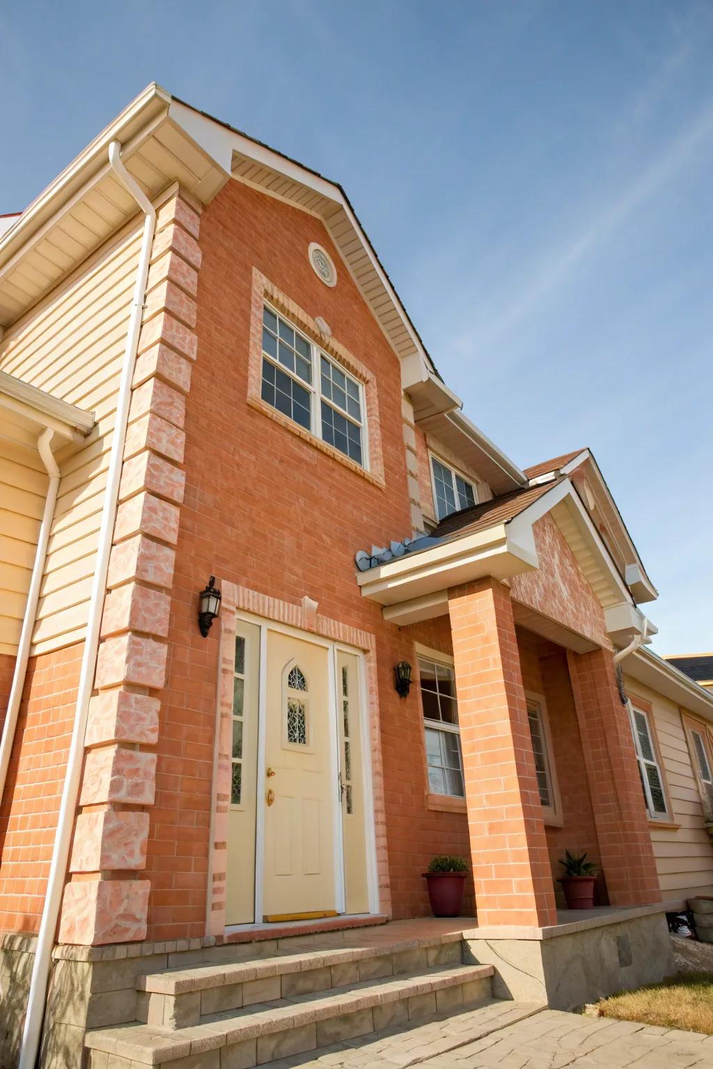 Warmth and welcome with coral brick and cream.