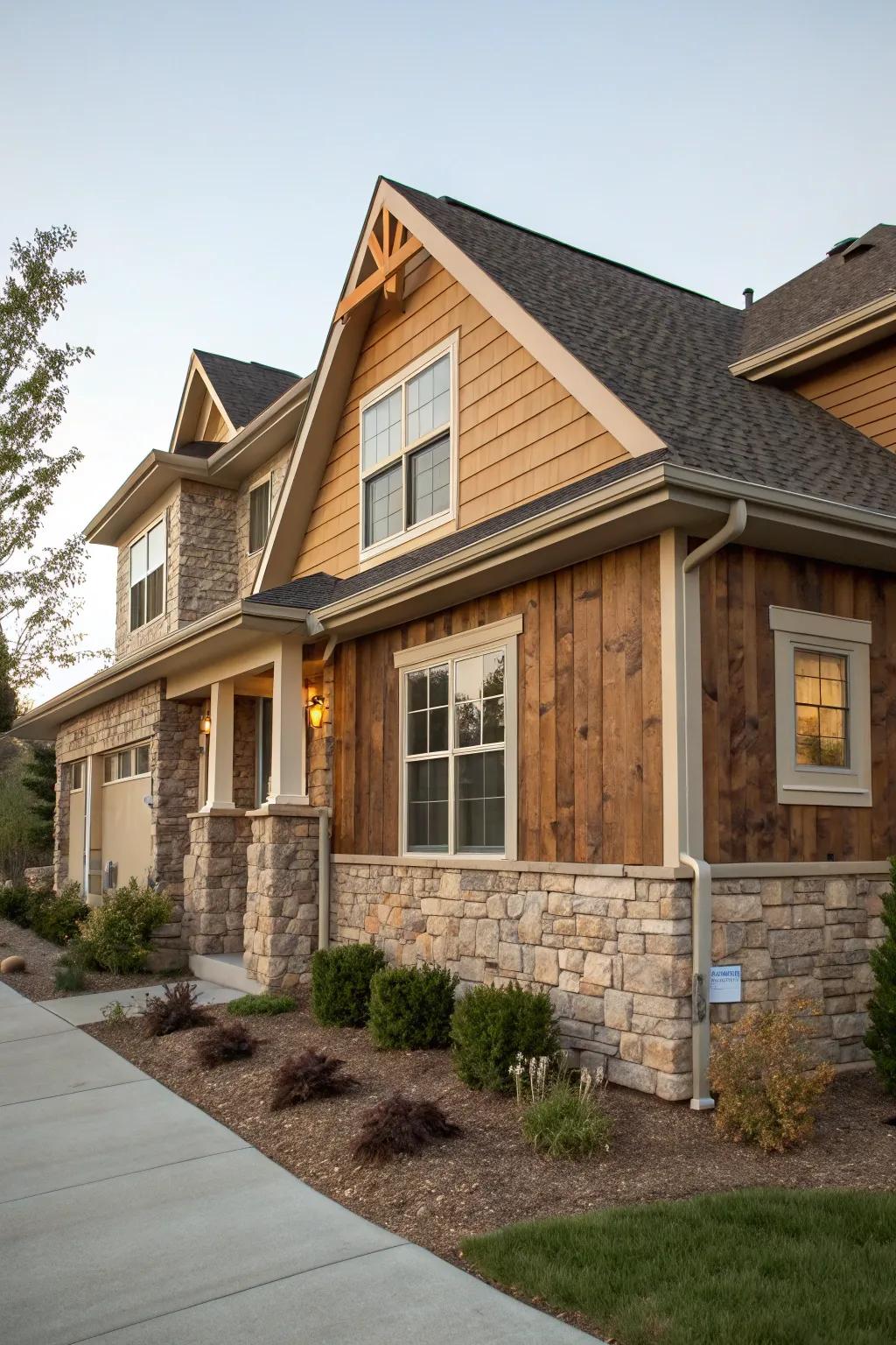 A house exterior featuring a mix of stone and wood siding.