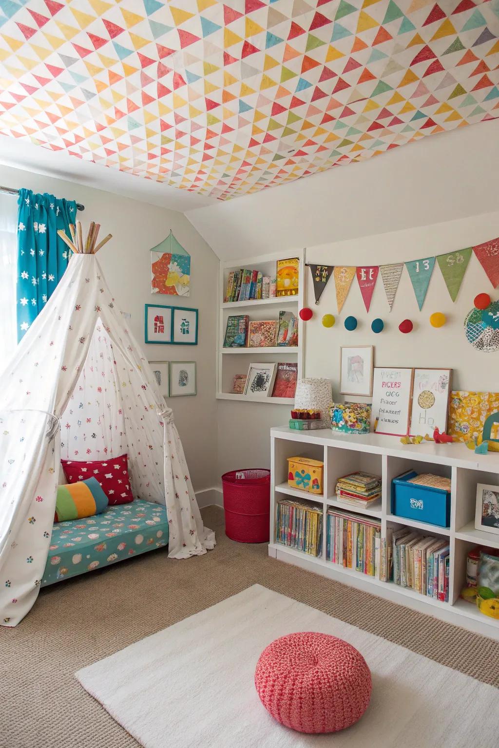 Spark creativity using a fun patterned ceiling.
