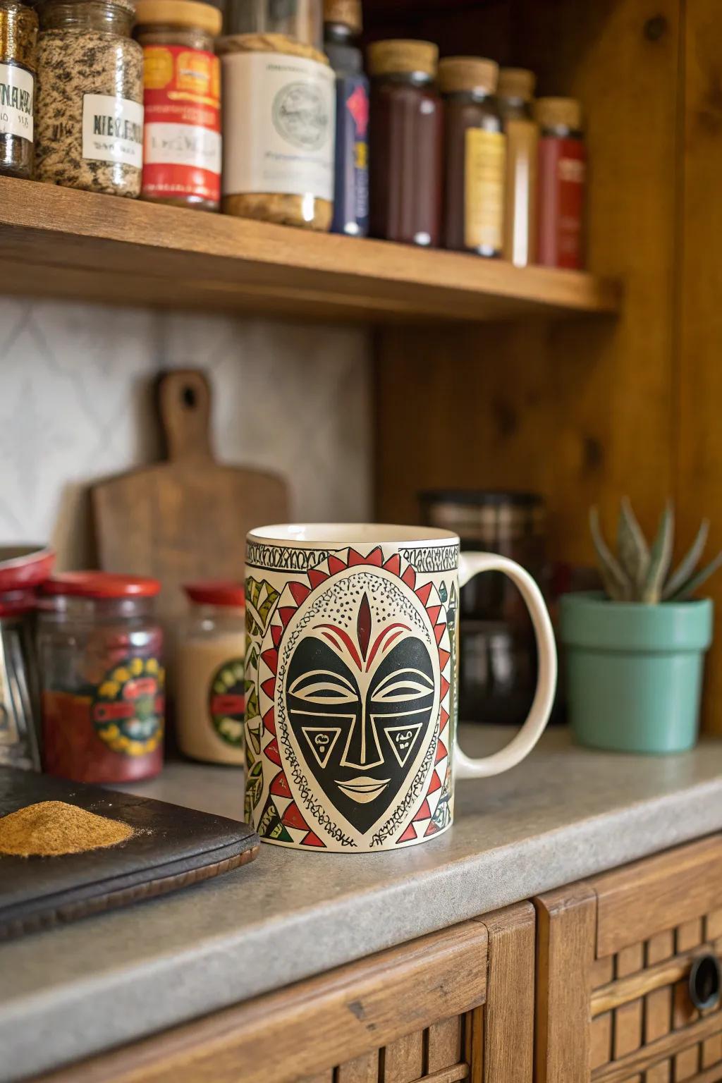 A culturally themed face mug celebrating global background and variety.