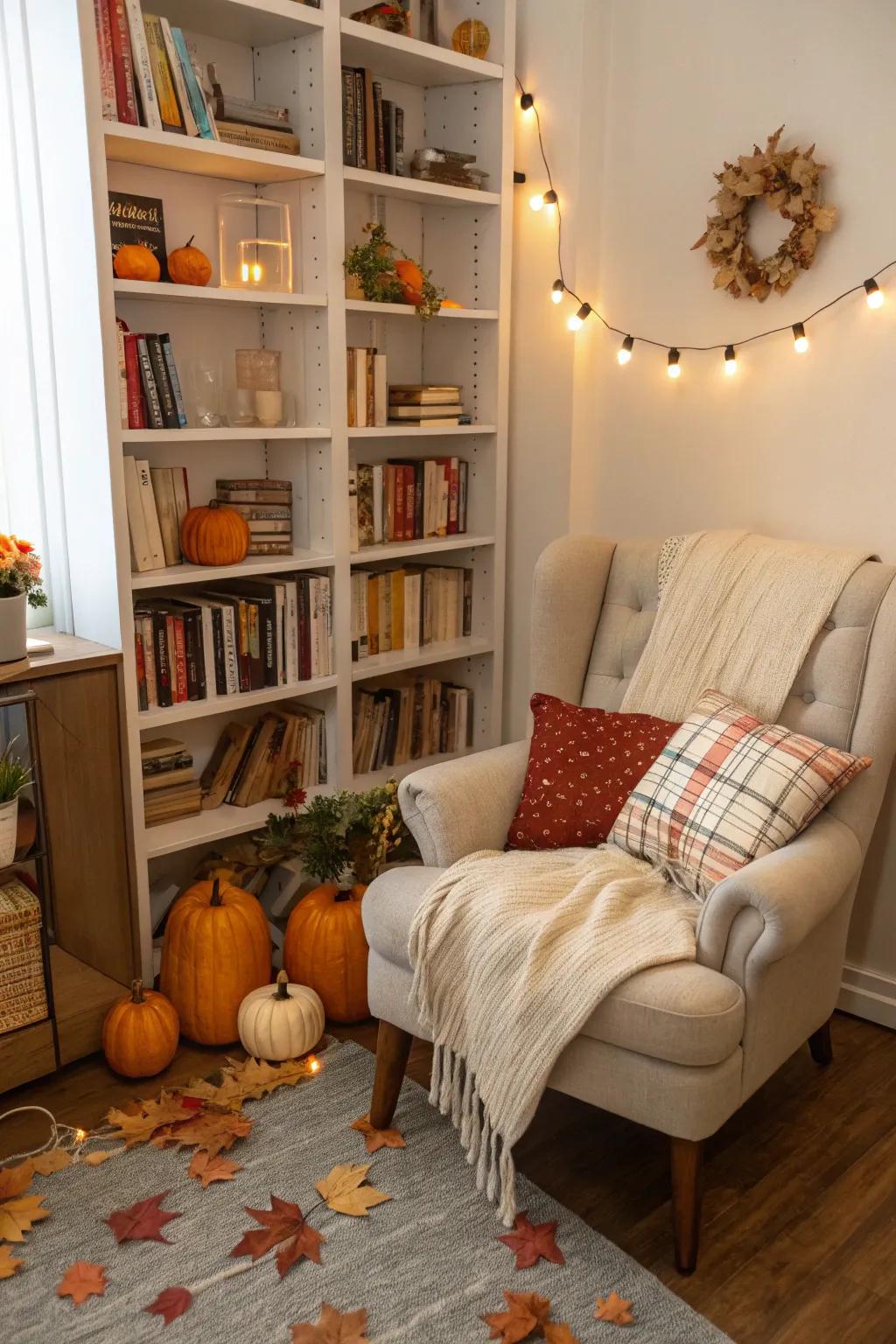 A story spot showcasing fall decor, guaranteeing a comfortable reading space.