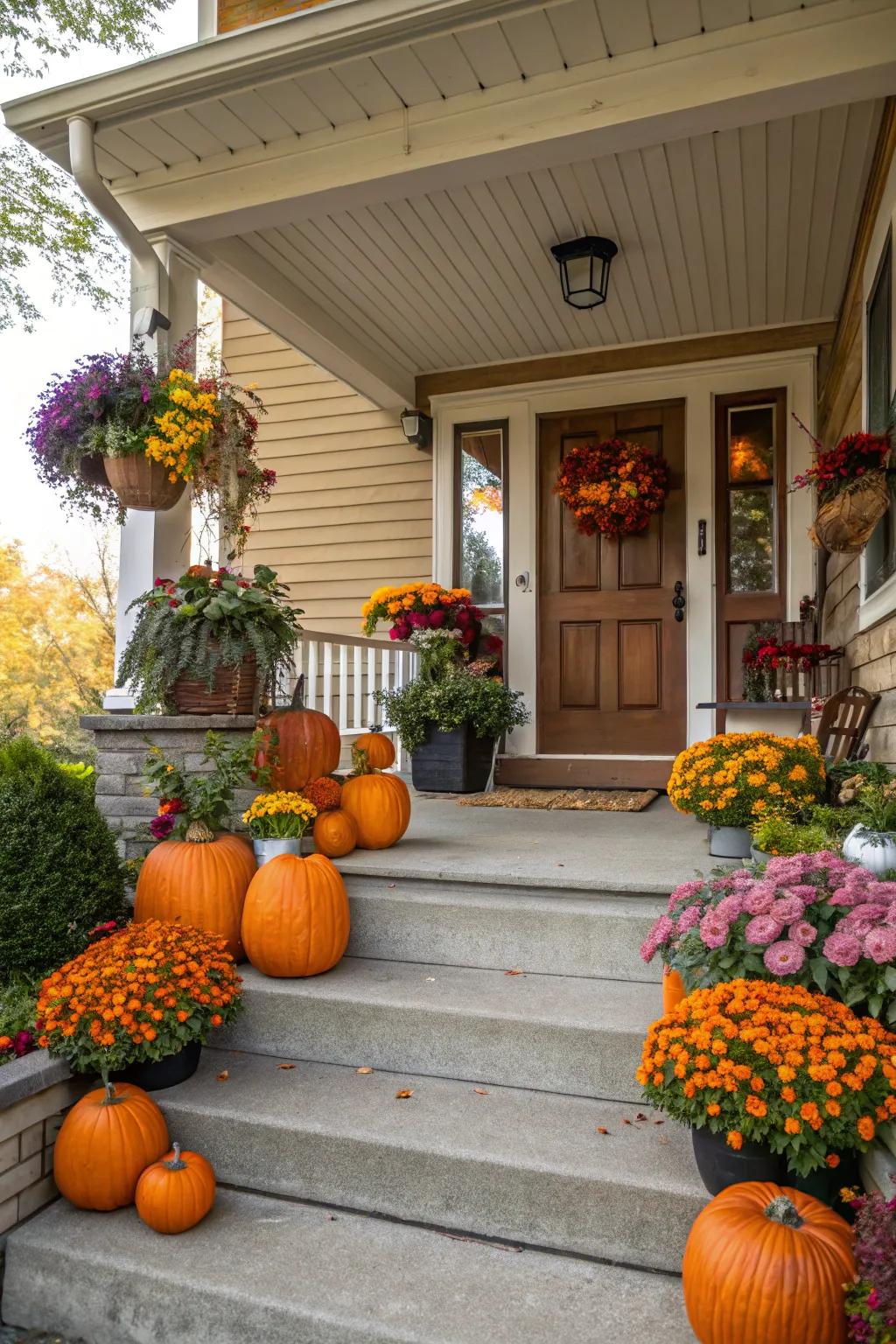 A harmonious blend of gourds and flowers crafts a stunning fall display.