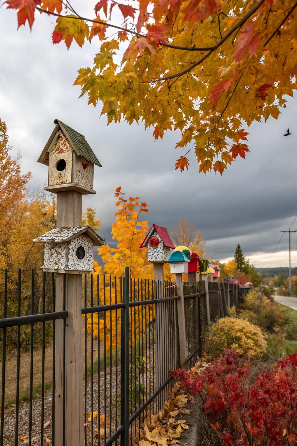 Ornamental birdhouses contribute a whimsical element to the fence.