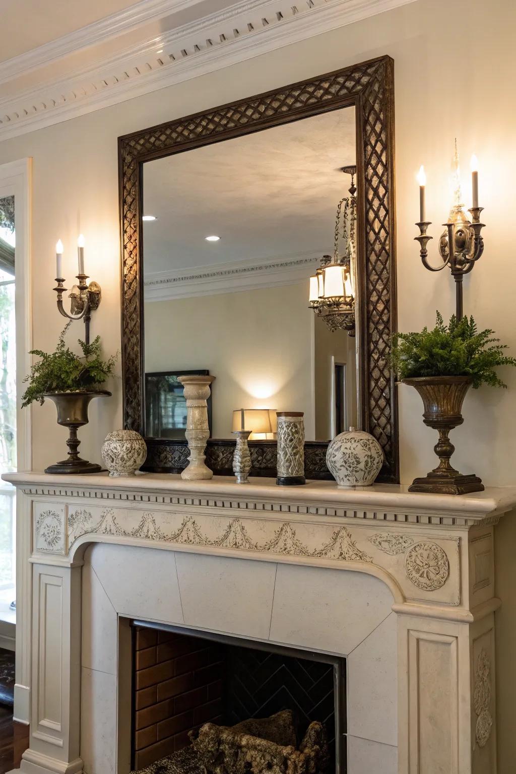 An autumnal mantel with a looking glass deepening the visual field and luminosity.