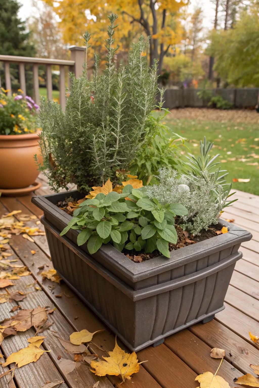 Herbs add a scented and culinary dimension to your autumn containers.
