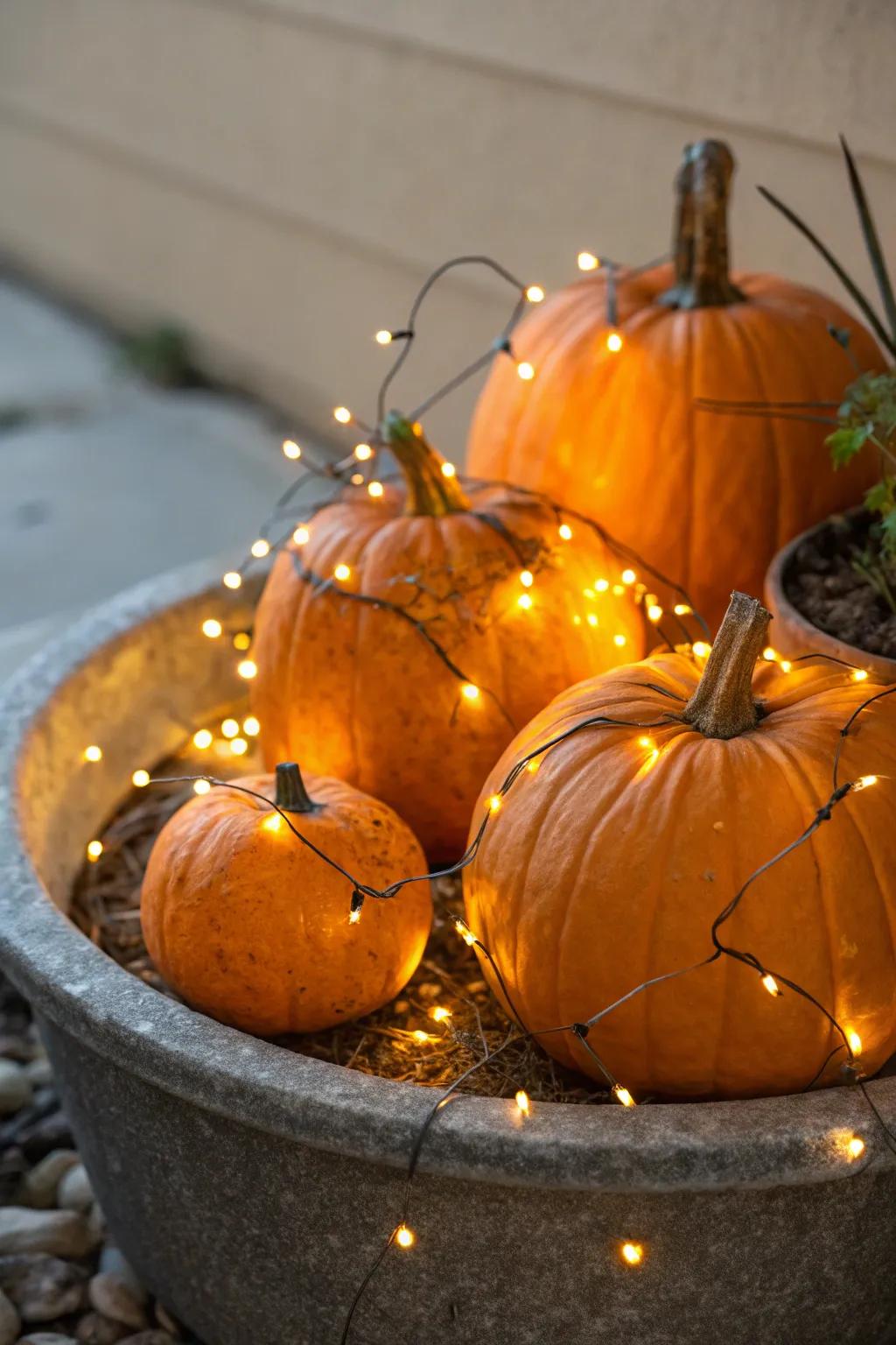 Twinkling lights infuse a hint of enchantment to gourd containers.