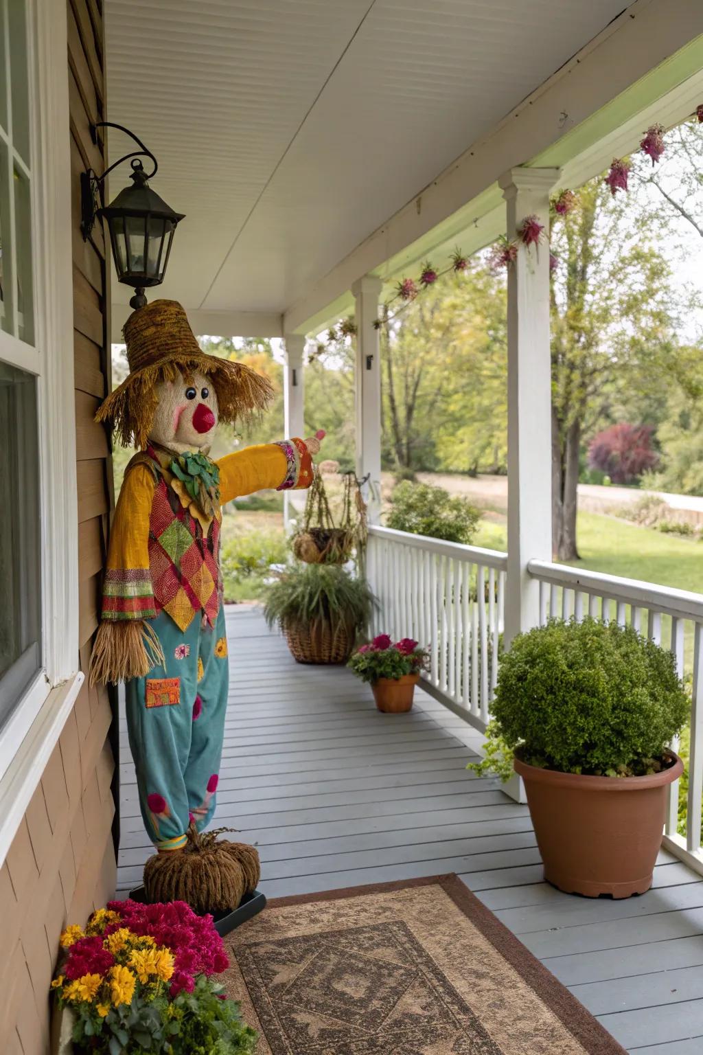 A whimsical straw figure introduces a playful and unexpected center attraction to your porch.
