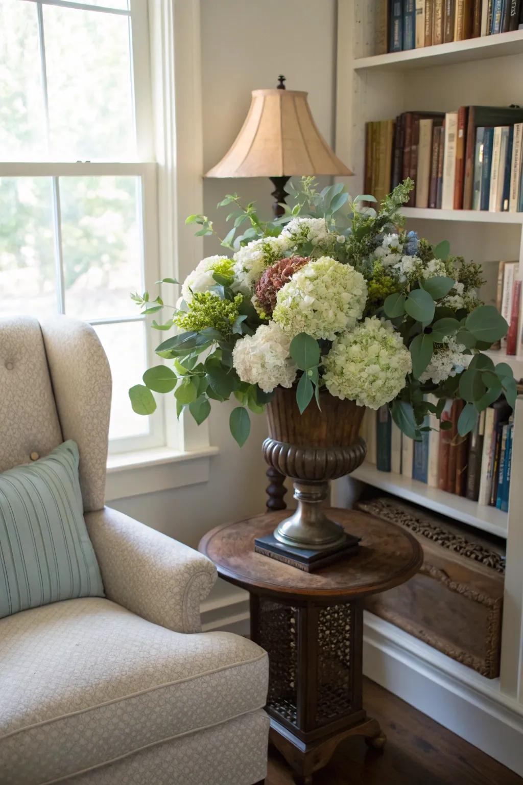 Calming hydrangeas and eucalyptus in a fall urn.