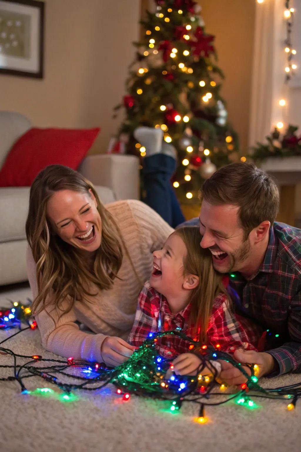 Introduce a sprinkle of humor through a lighthearted and playful family photograph.