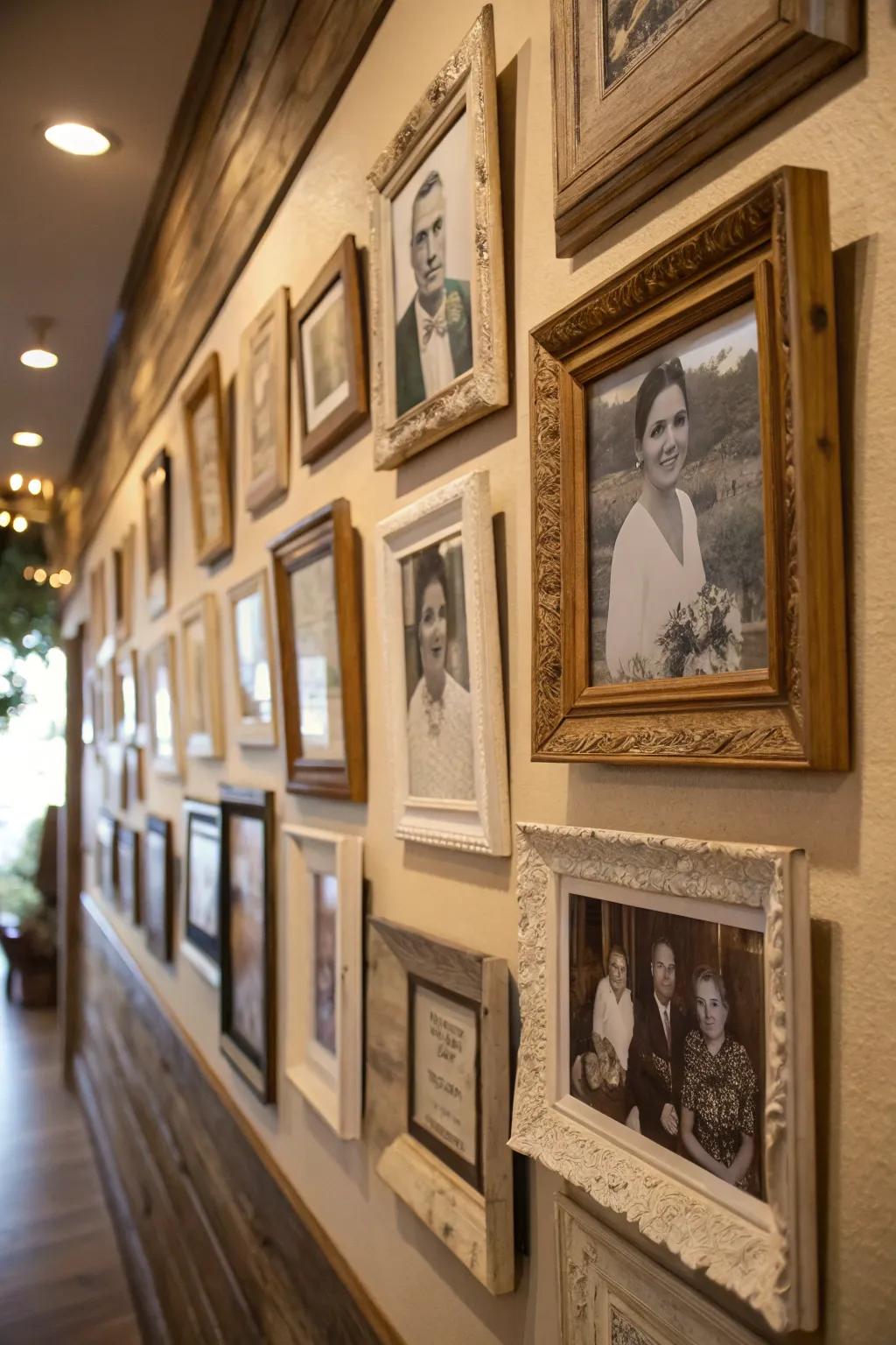 Aged holders adding nostalgia to a photo wall.