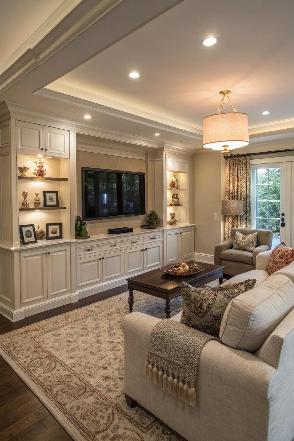 A hidden TV solution adds intrigue and sophistication to the family room.
