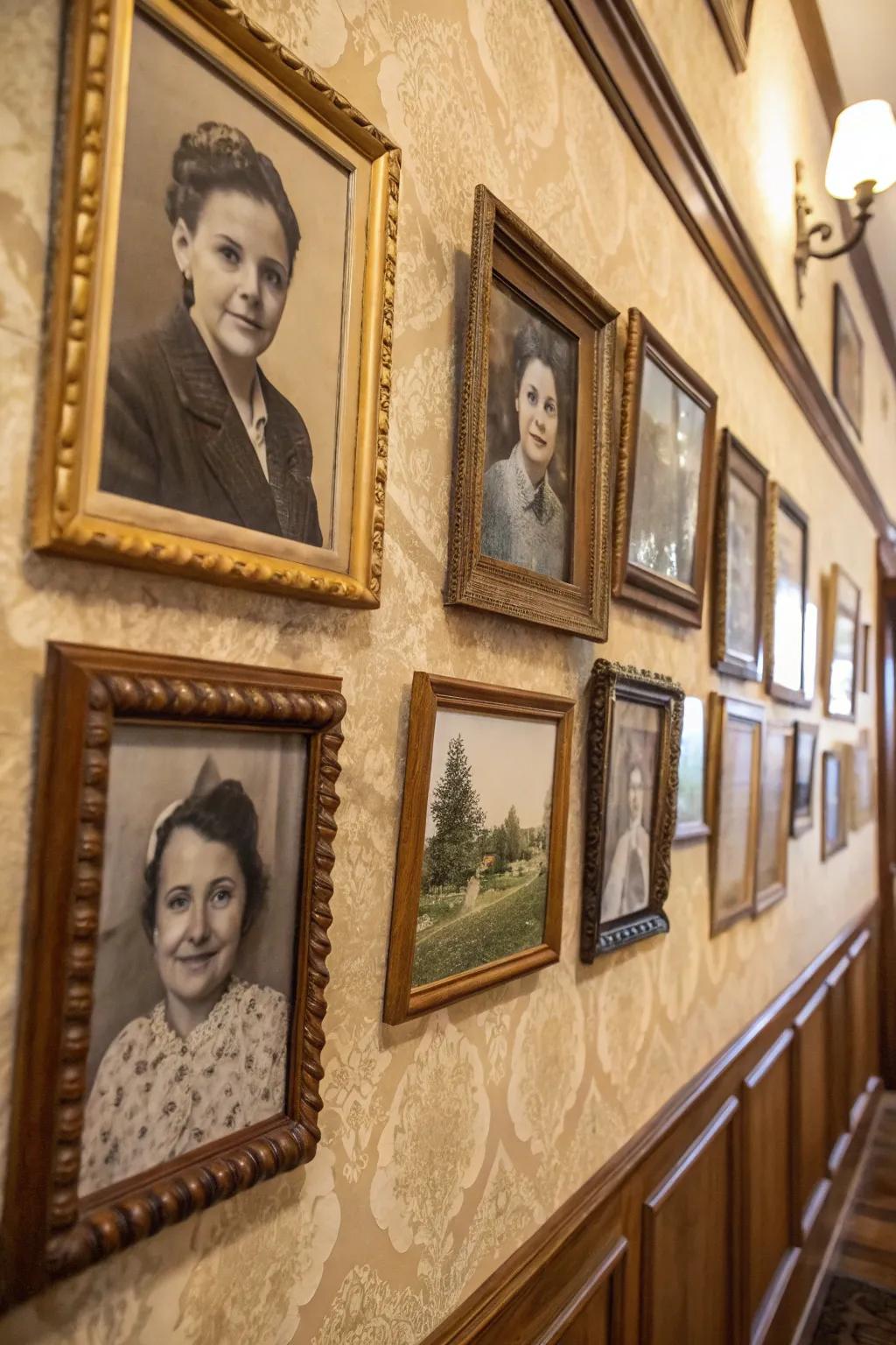 A vintage family wall with antique frames imparting elegance and nostalgia.