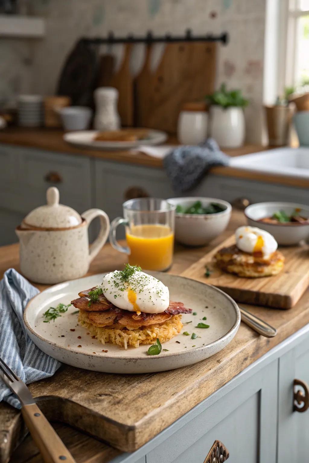 Eggs on potato röstis create a delightful texture combination.