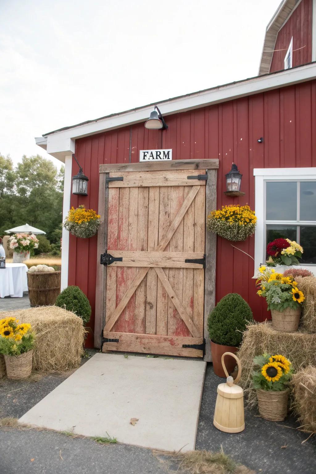 A barn timber gateway establishes the setting for a captivating countryside-themed festivity.