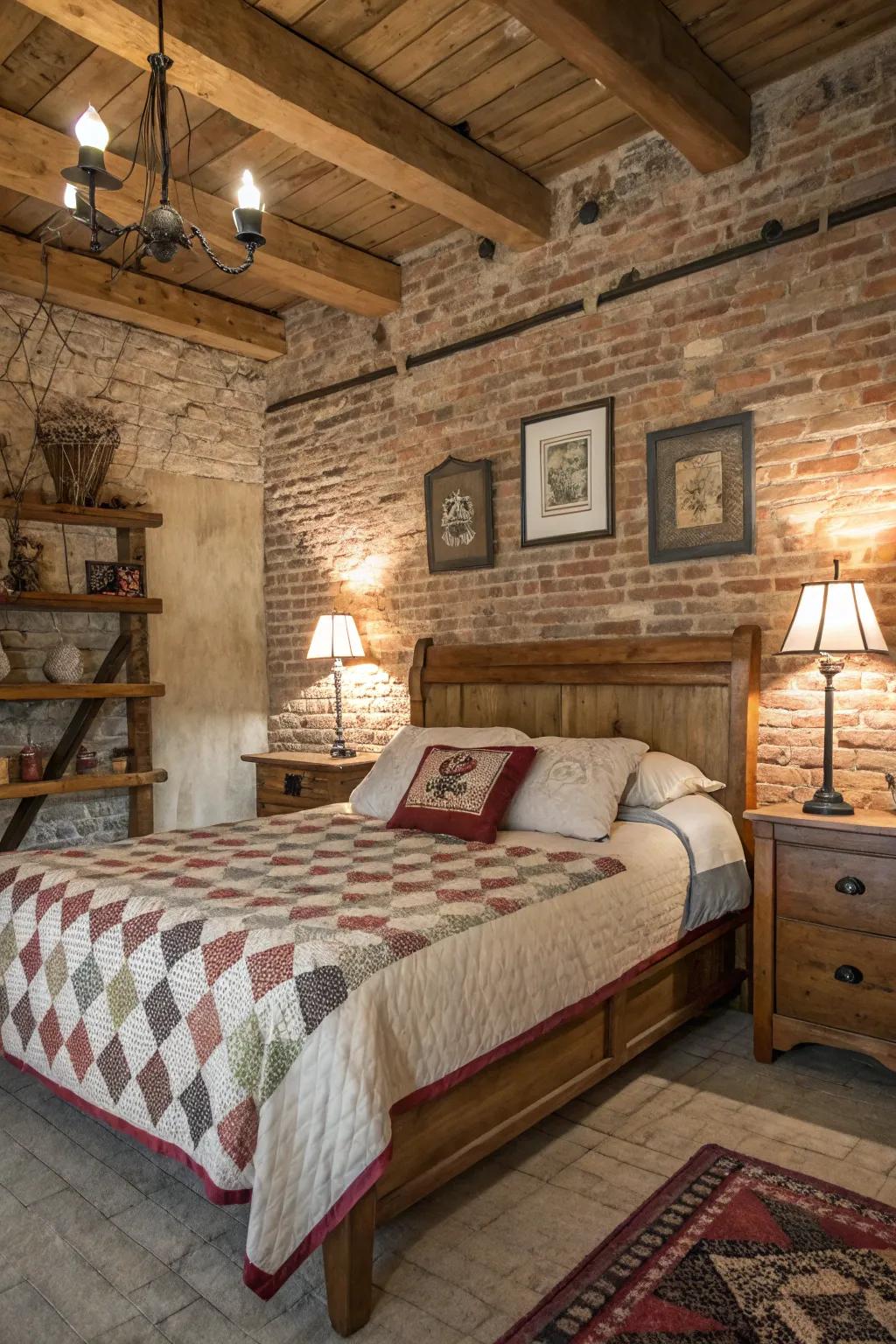 Exposed brick adds texture and warmth to the bedroom.