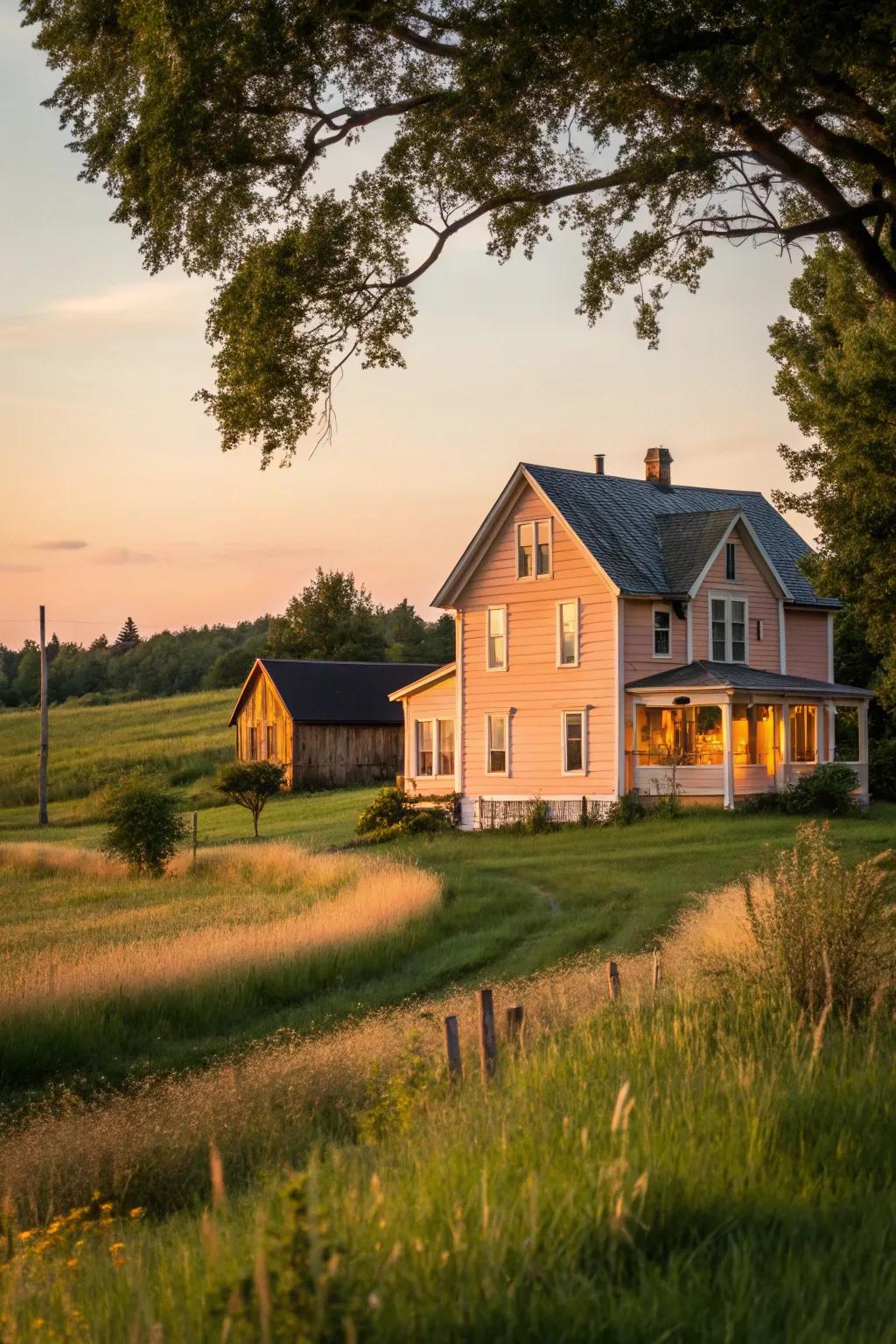 A peach exterior provides warmth and charm to this farmhouse.