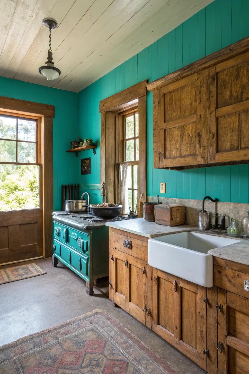 A farmhouse kitchen featuring striking teal emphasized walls.
