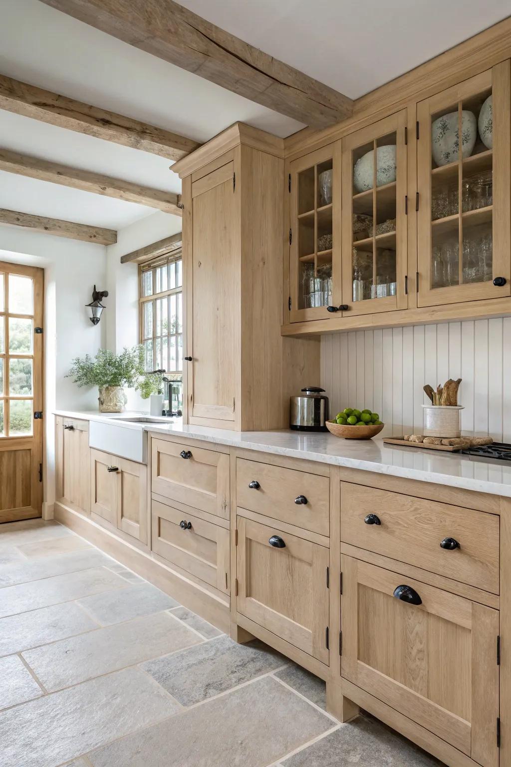 Minimalist hardware complements the elegance of light wood cabinets.