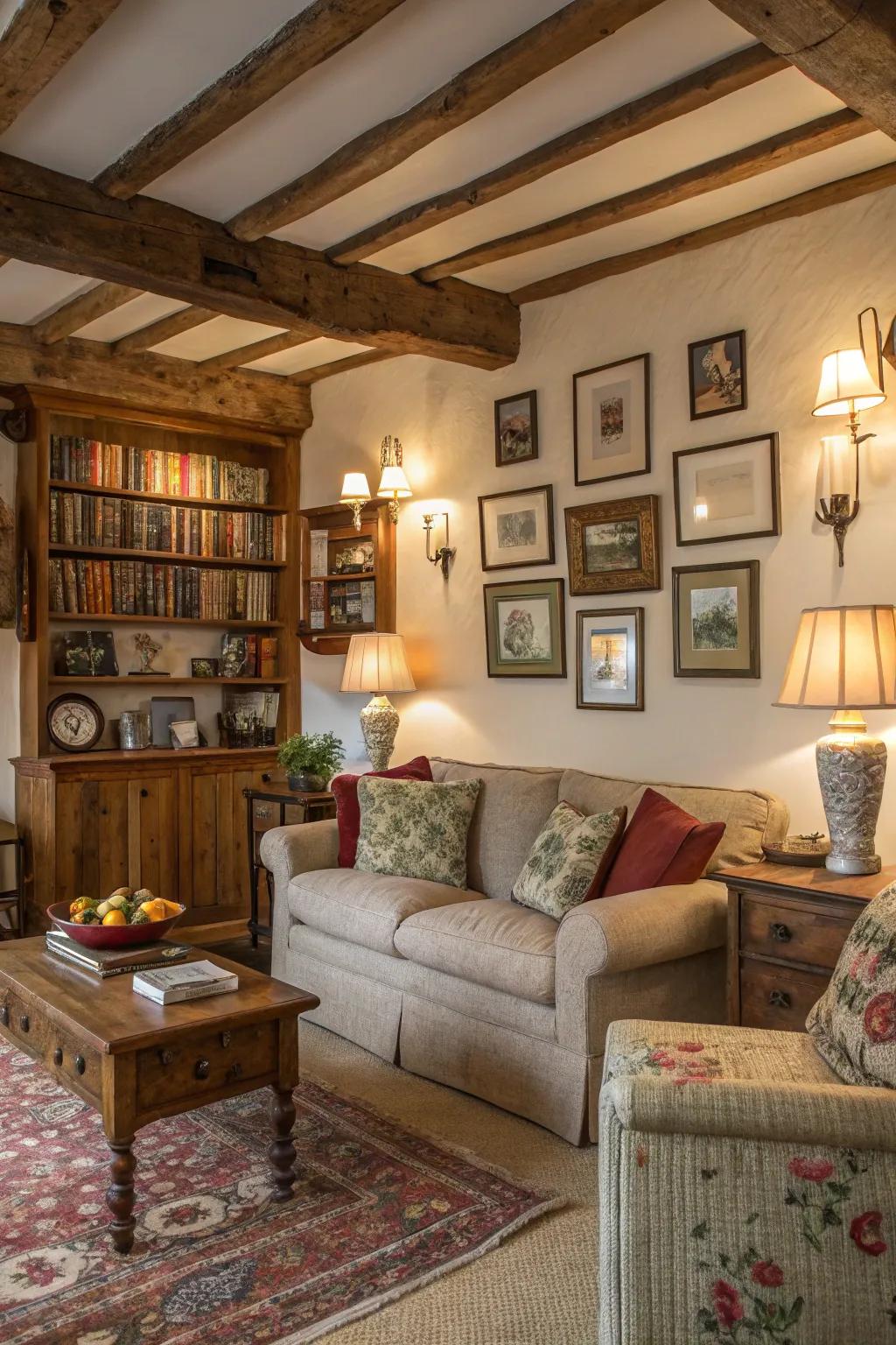 Country-style wall decor adds personality and points of focus to this family room.