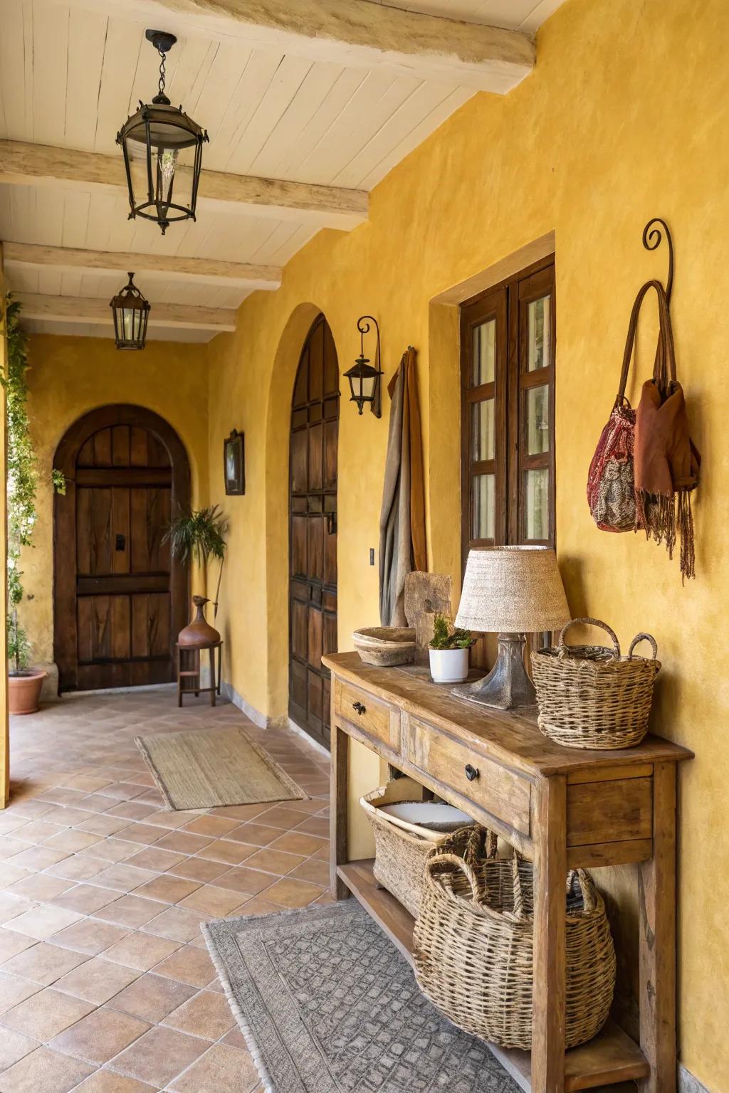 Golden yellow walls create a sunny and inviting entryway.