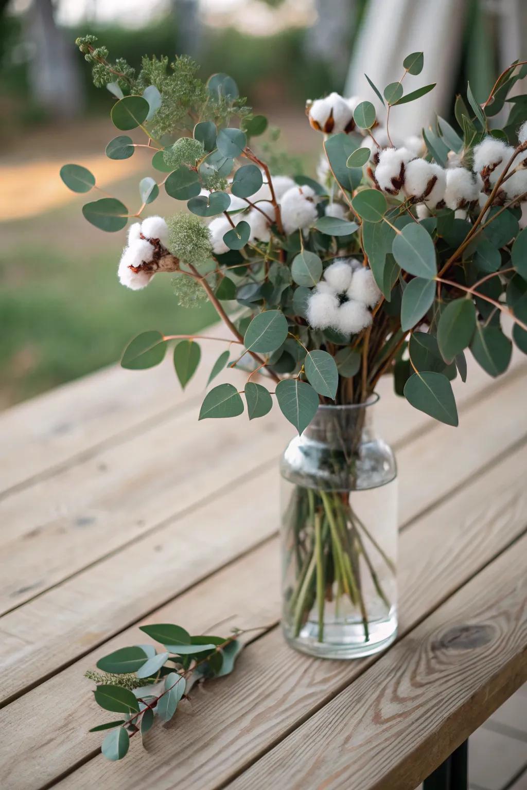 Eucalyptus and cotton blend together, offering a delicate, organic impression for a centerpiece.