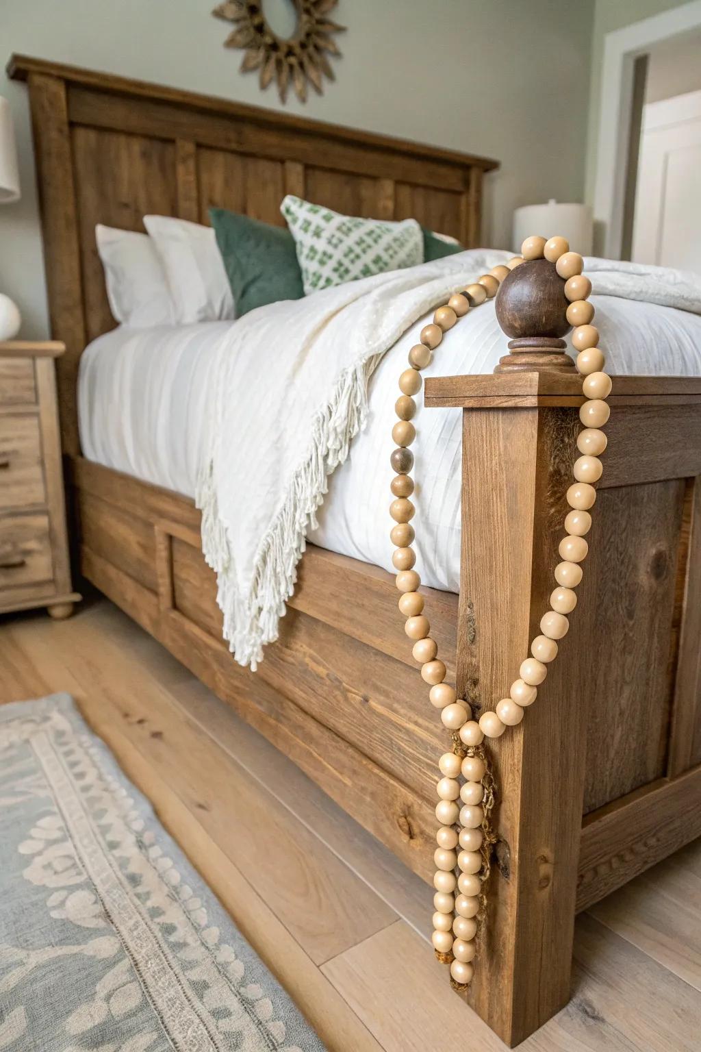 Bed headboard accented with wood bead garland.