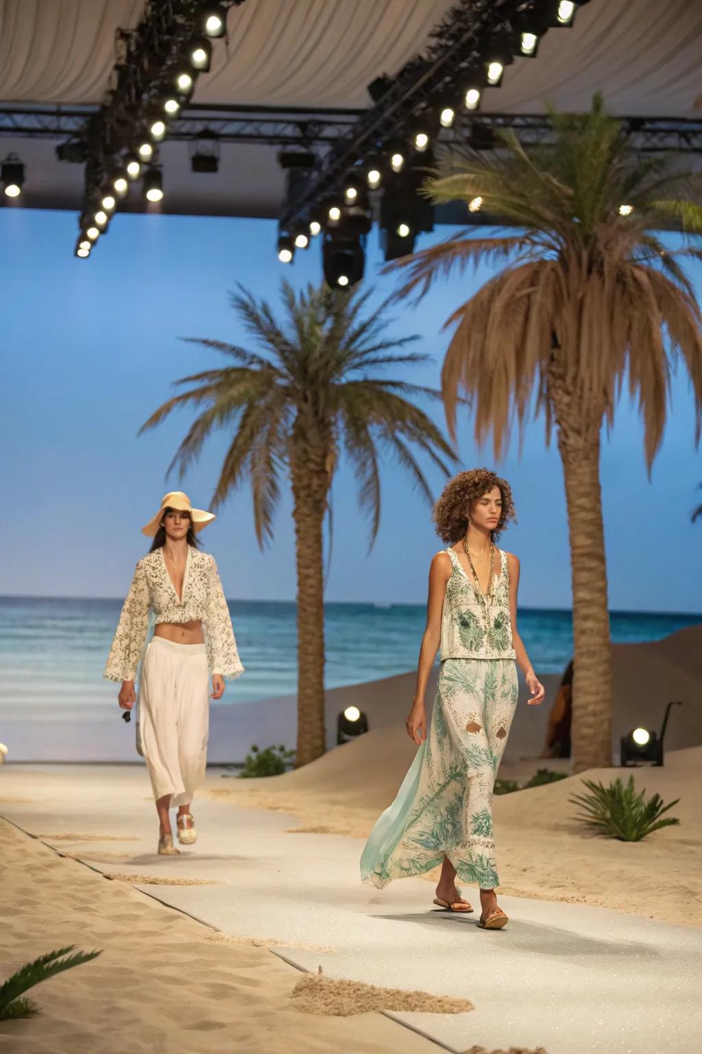 A beach-themed stage design enhances the thematic storytelling of a fashion show.