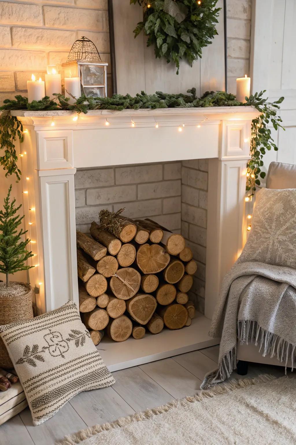 An imitation fireplace showcasing an eco-friendly tree piece display.