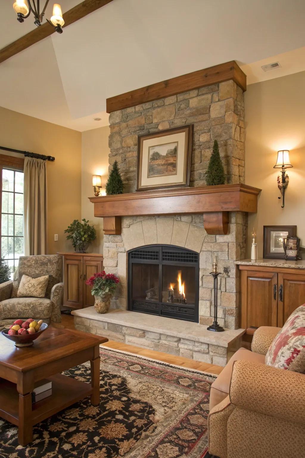 A living room with a natural wooden mantel and stone hearth, enhancing warmth and earthiness.