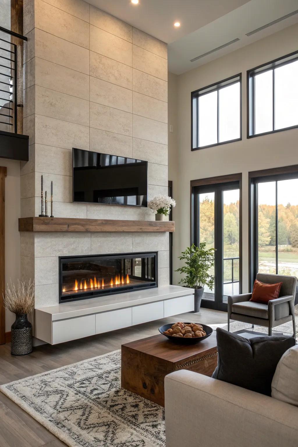 A hanging topper introduces a sleek and contemporary flair to the fireplace.