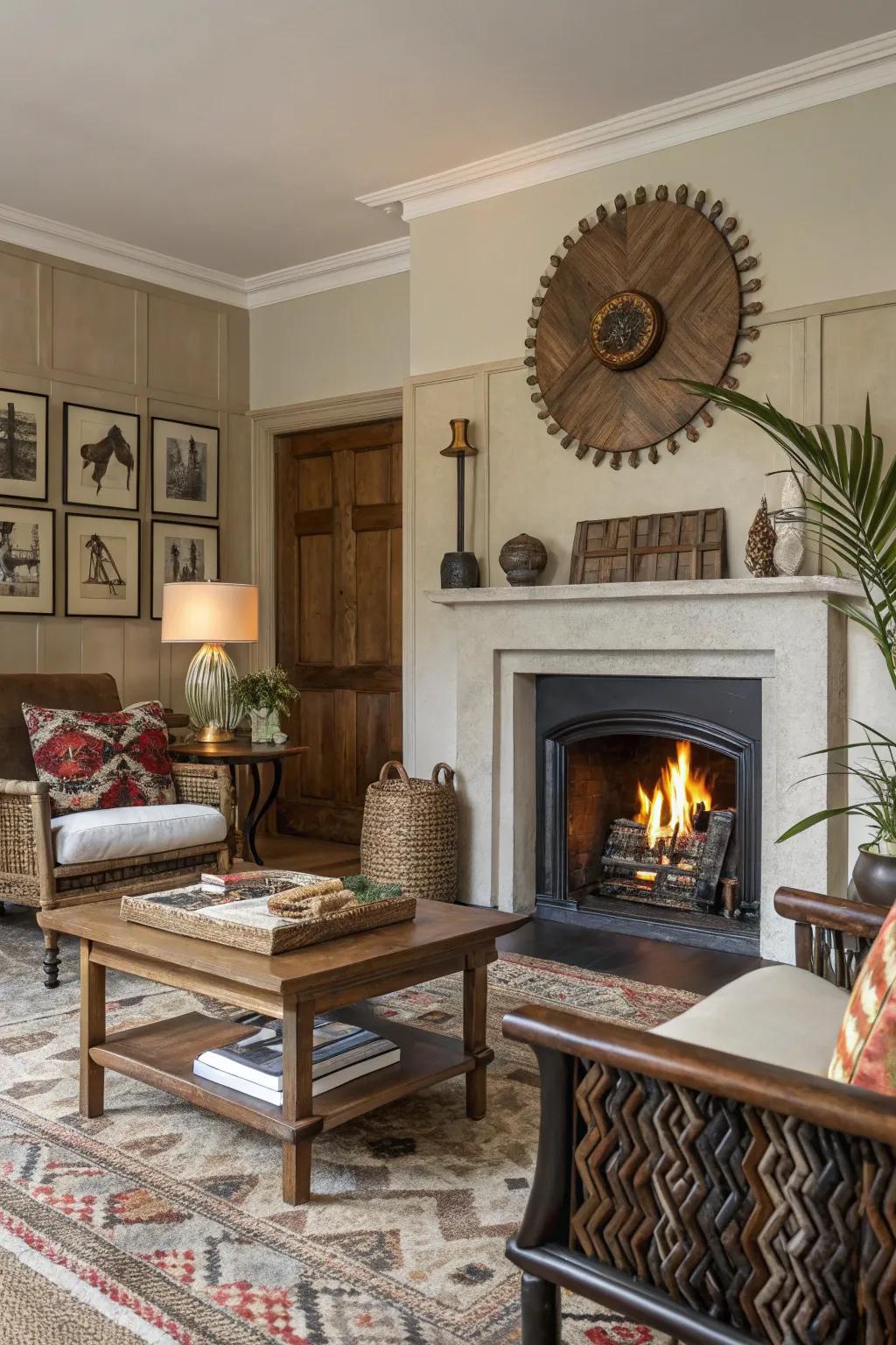 An eclectic lounge featuring a central fireplace blending classic and contemporary decor styles.
