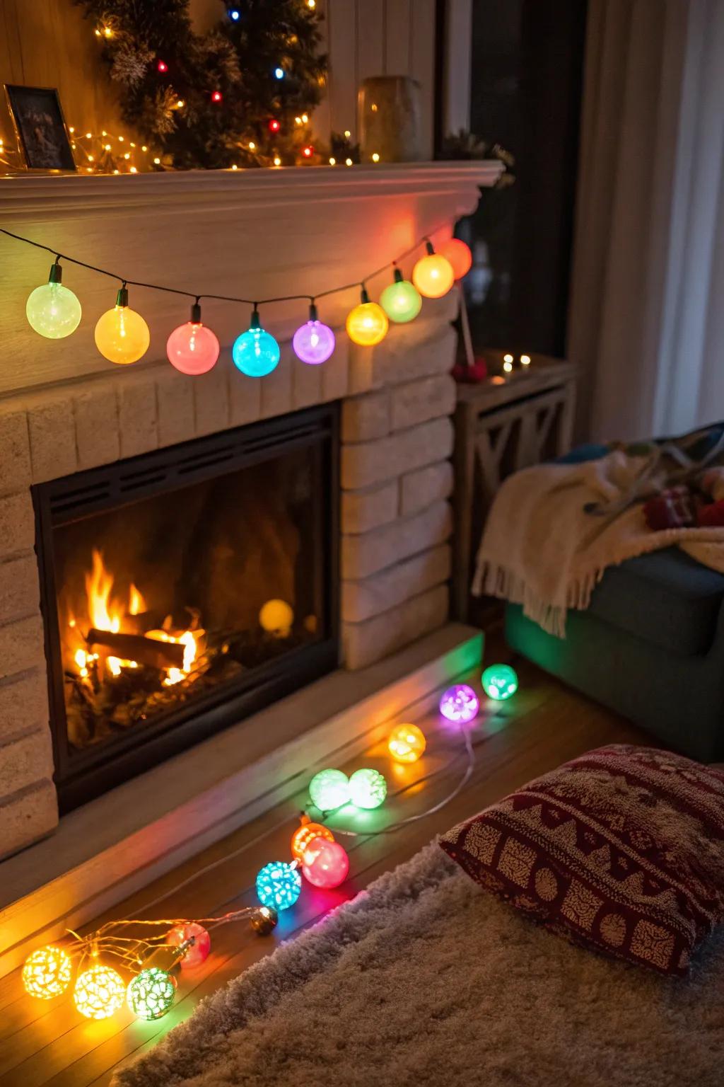 Colorful bulbs introduce a fun aspect to fireplace lighting.