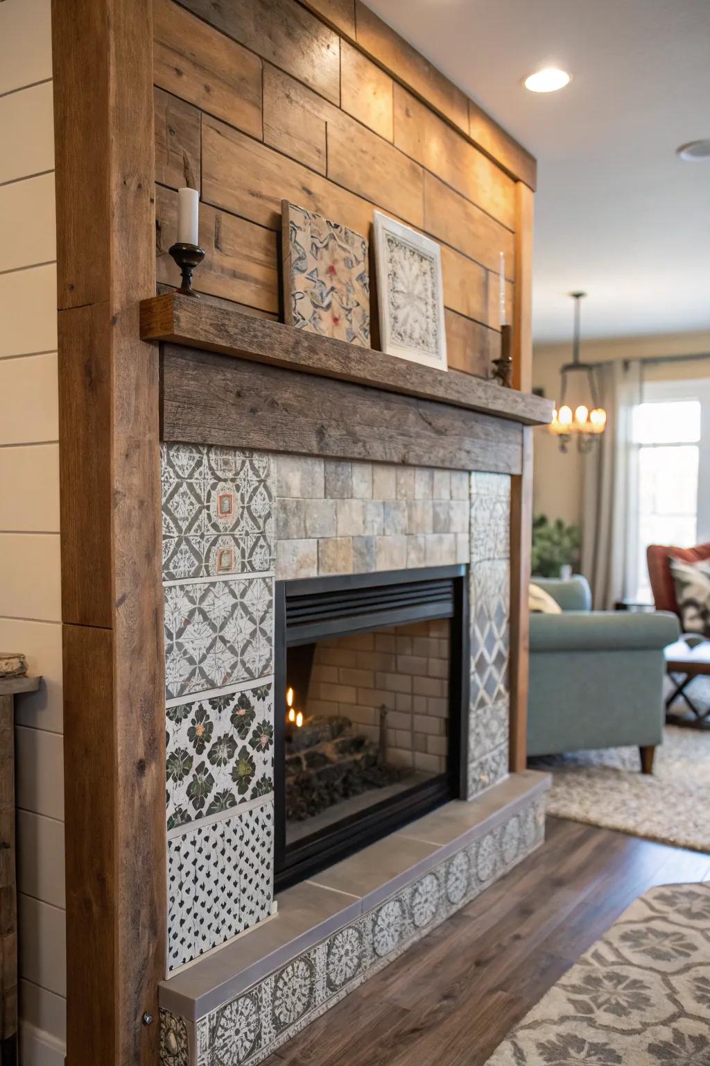 Blend materials for a textured and inviting fireplace design.