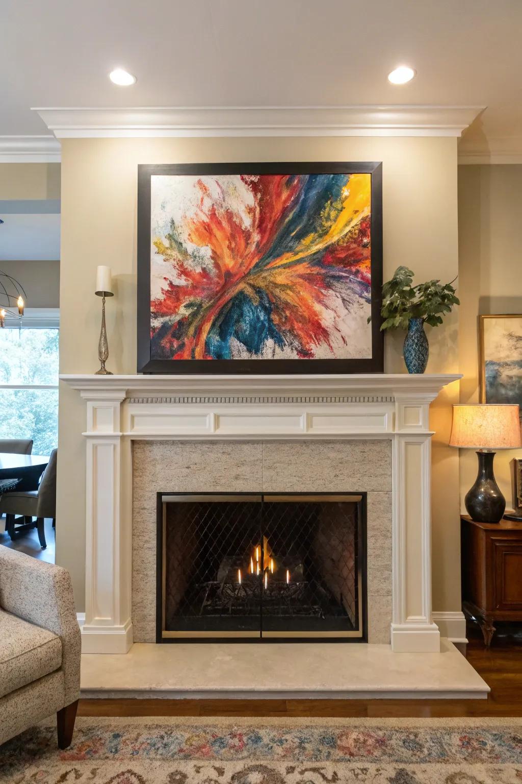 A striking art installation above the mantel that captures attention.