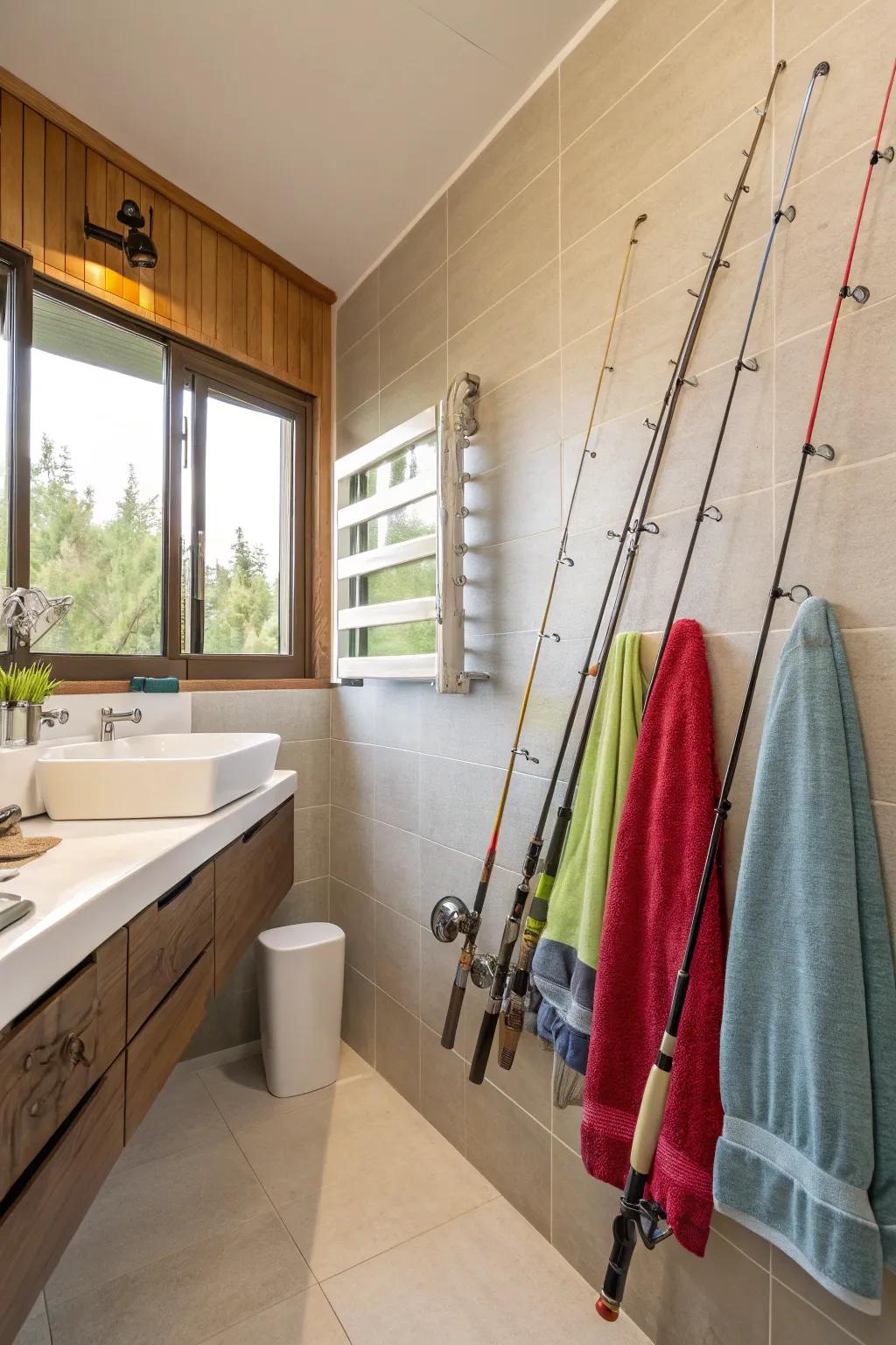 Angling poles provide a beachy feel to washroom decor.