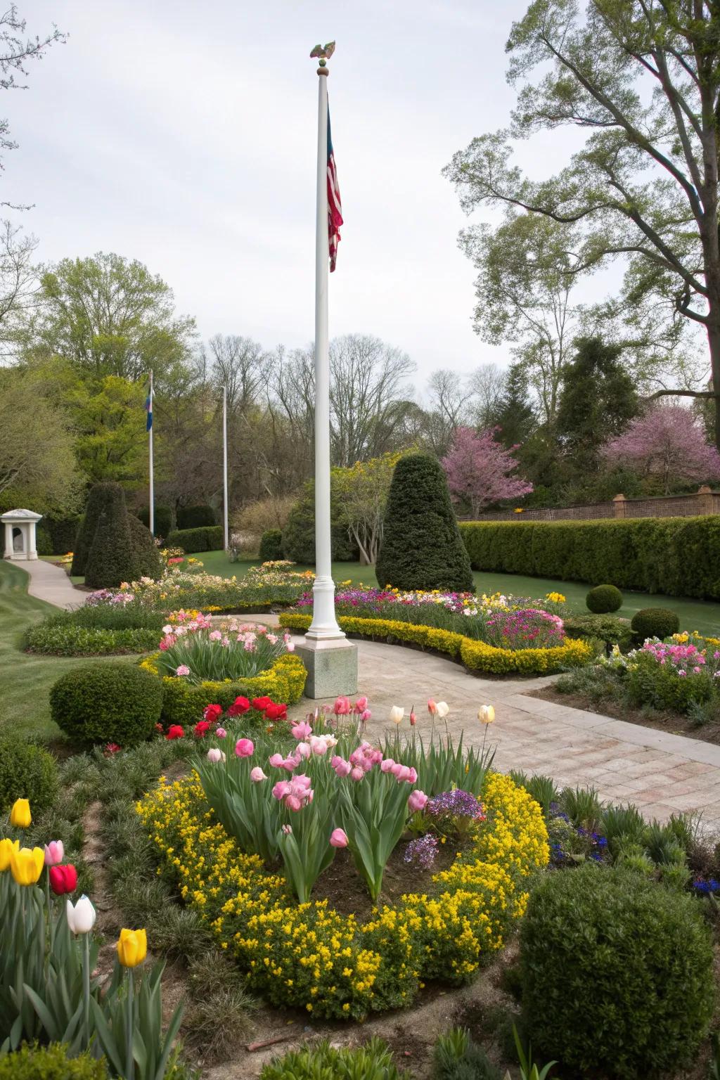 Seasonal plants keep a freedom pole landscape lively year-round.