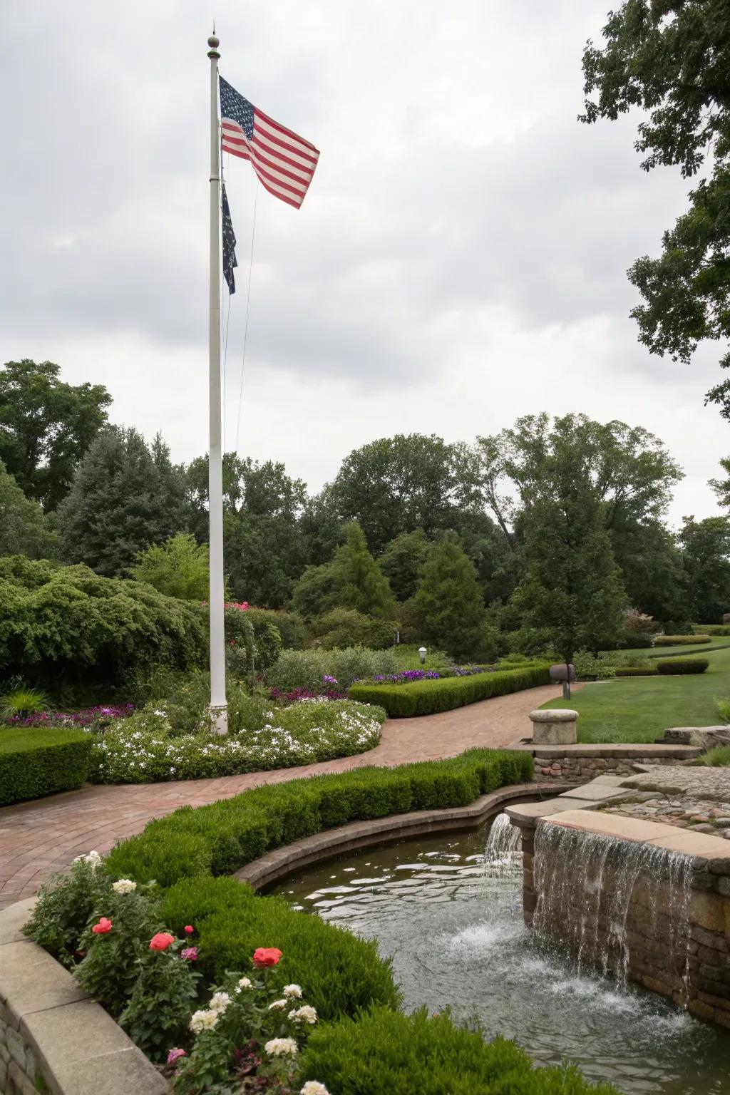 Water elements add calmness and class to flagpole areas.