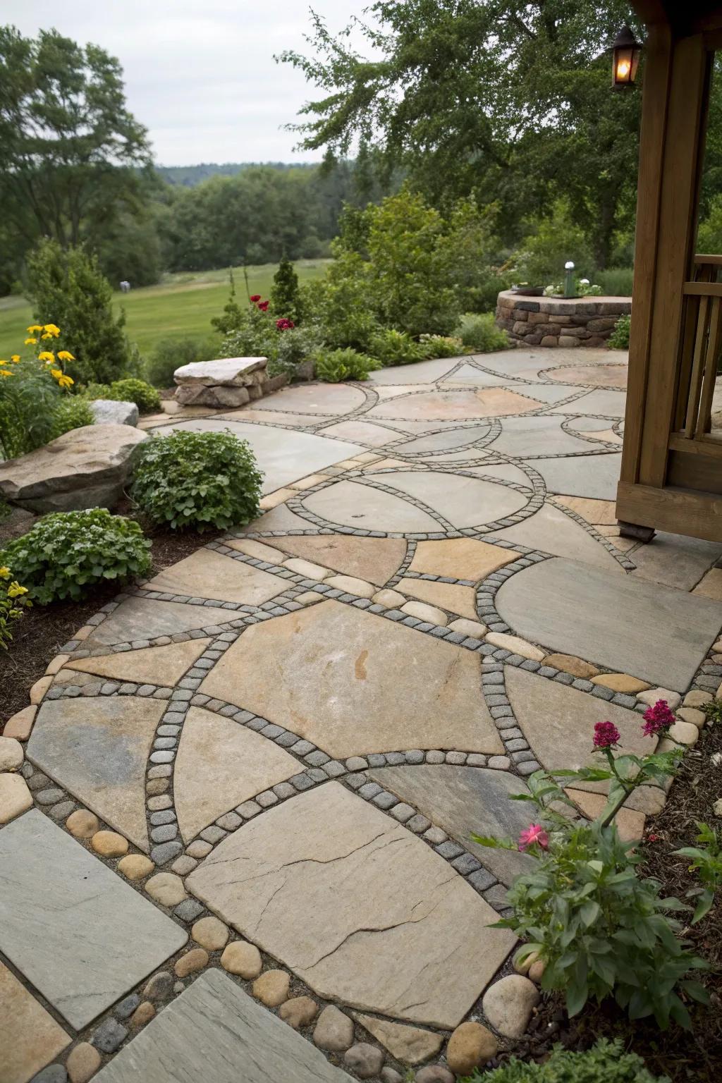 An artistic flagstone patio showcasing creative designs.