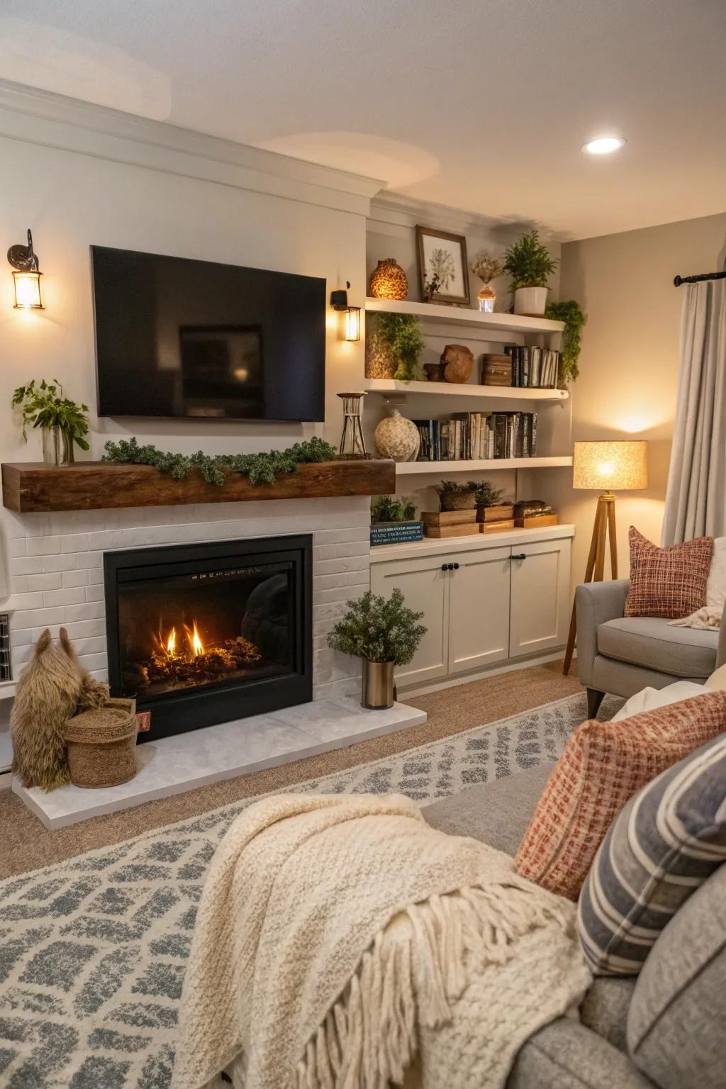 Create a warm central point using a hearth and shelves.