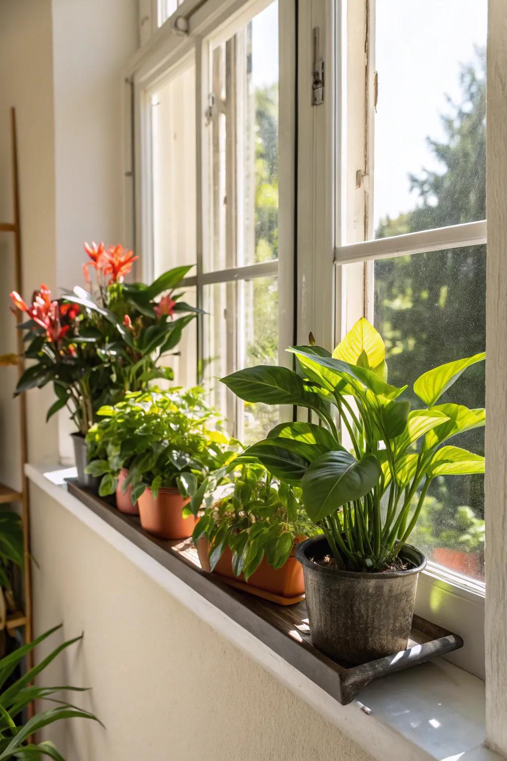 A window floating shelf that's perfect for growing plants.