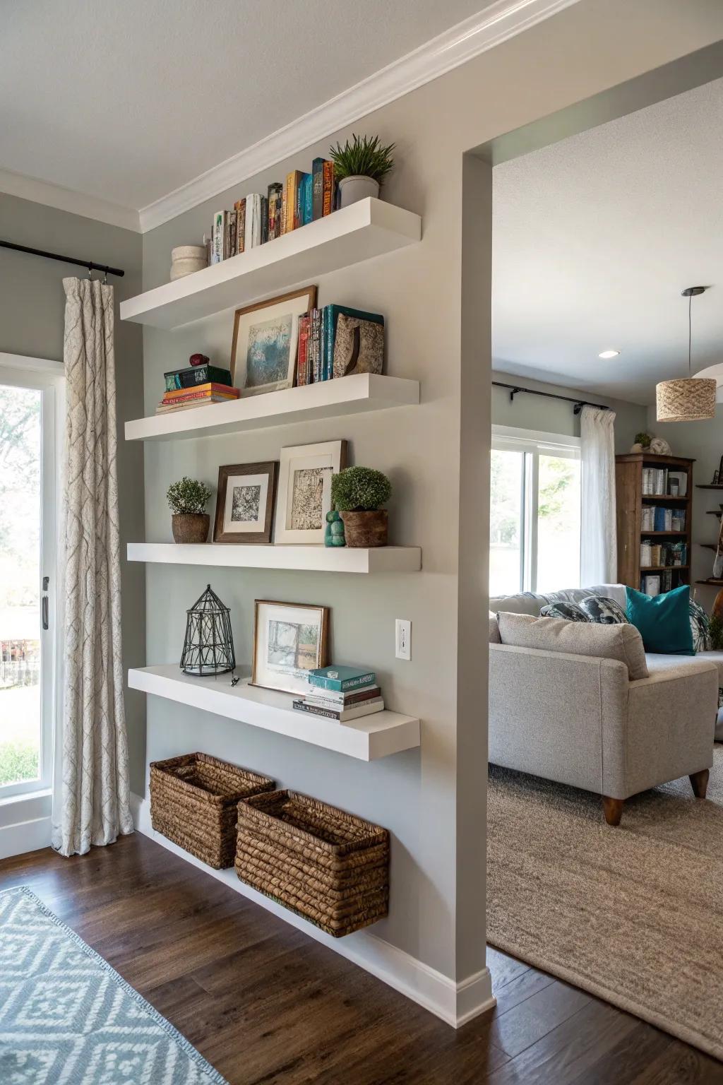 Floating shelves blending into the wall
