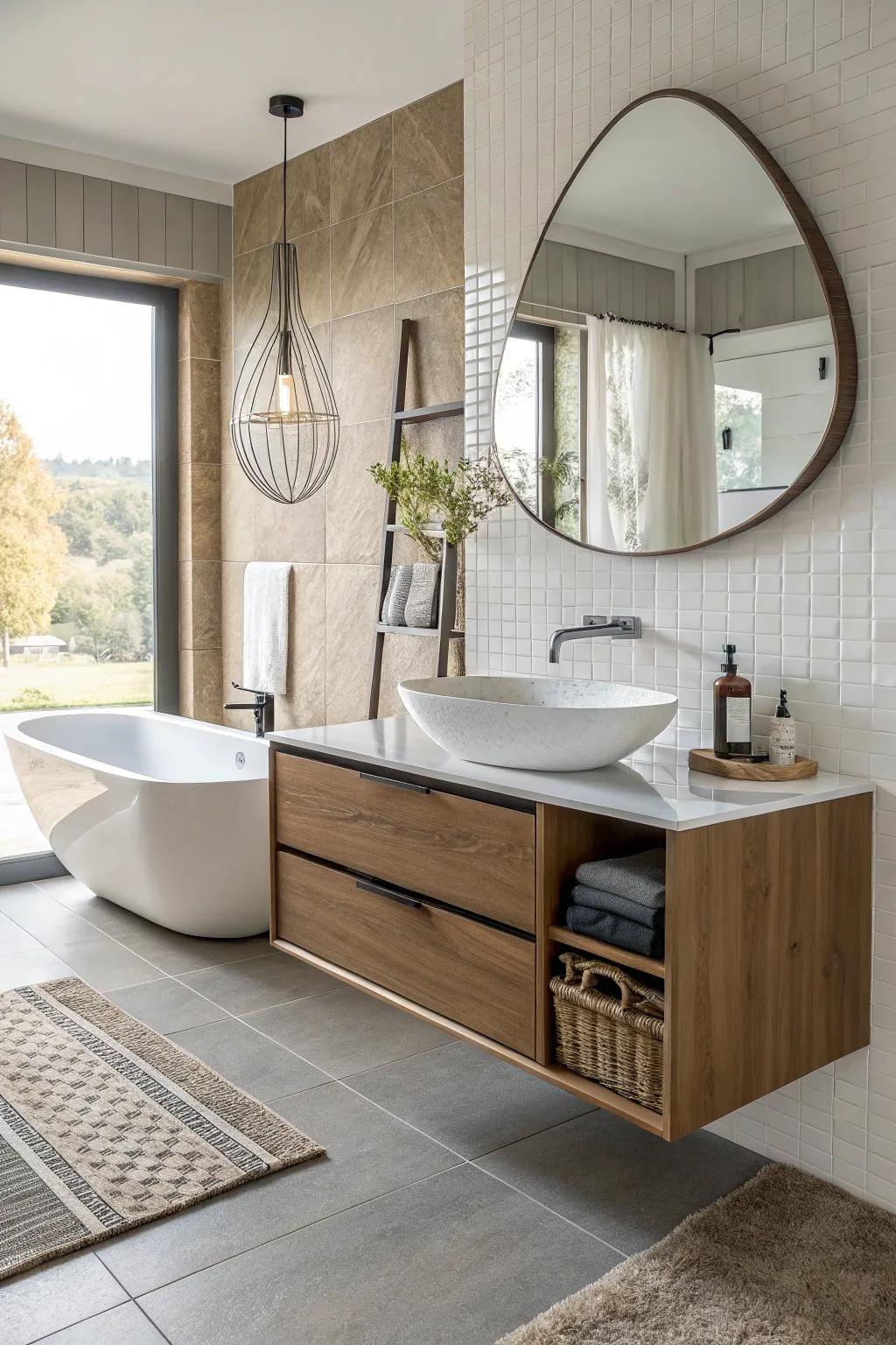 A bathroom featuring a uniquely shaped mounted vanity in an avant-garde design.