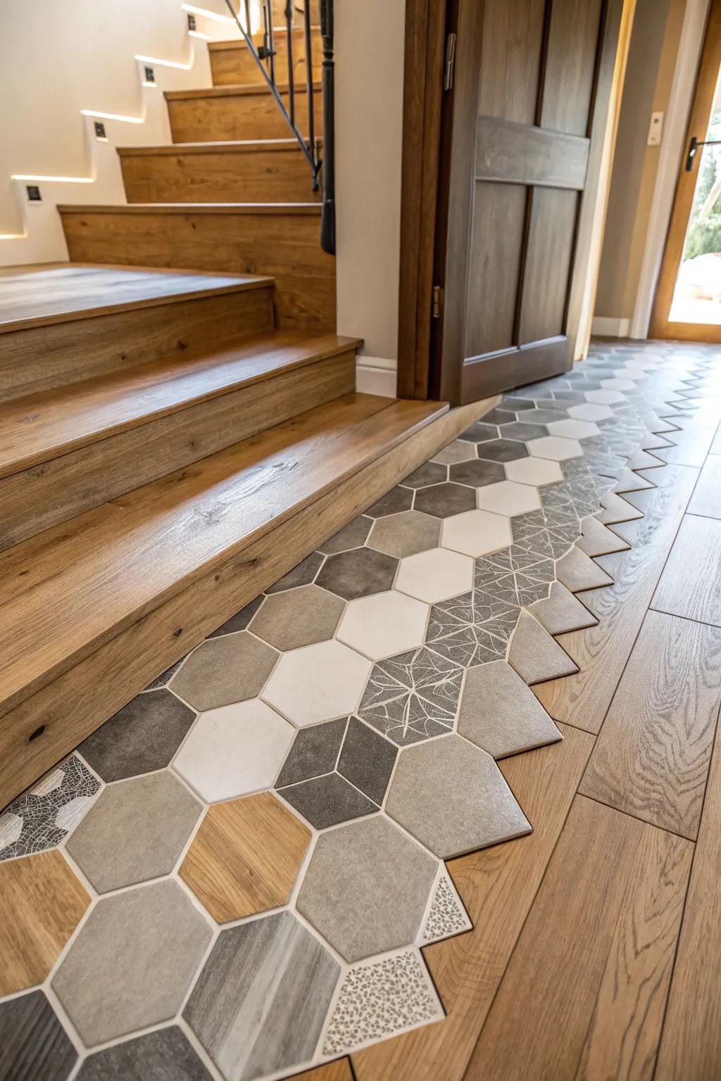 Asymmetrical connection introduces a singular touch to the floor.