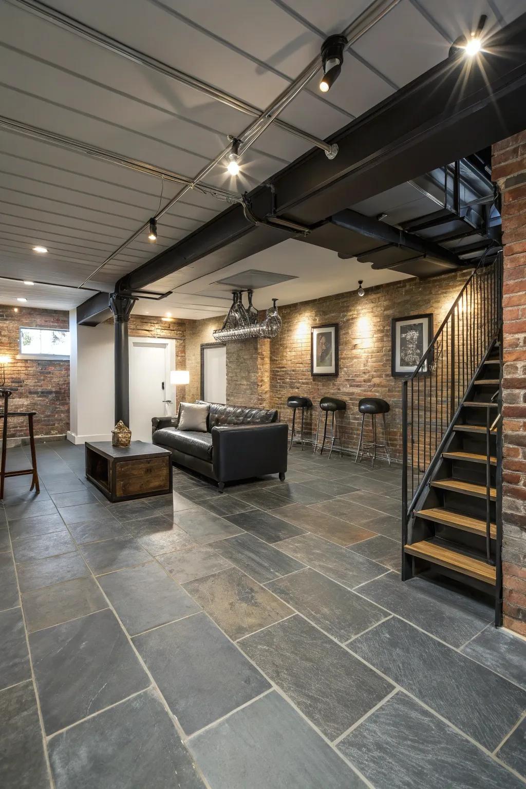 Slate tiles offer a sleek and modern foundation for your basement.