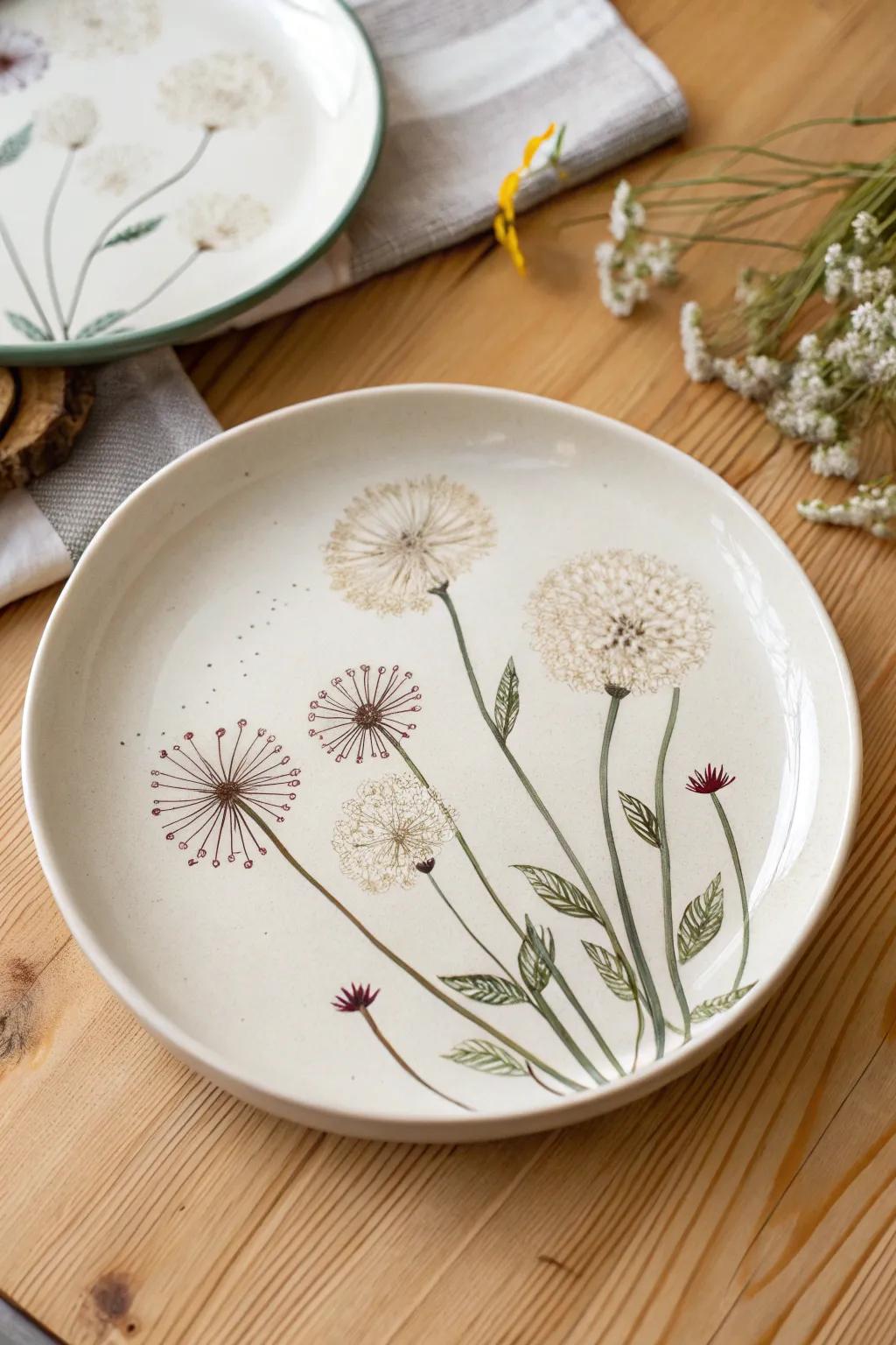 Playful dandelions carry a sense of nostalgia to your dishes.